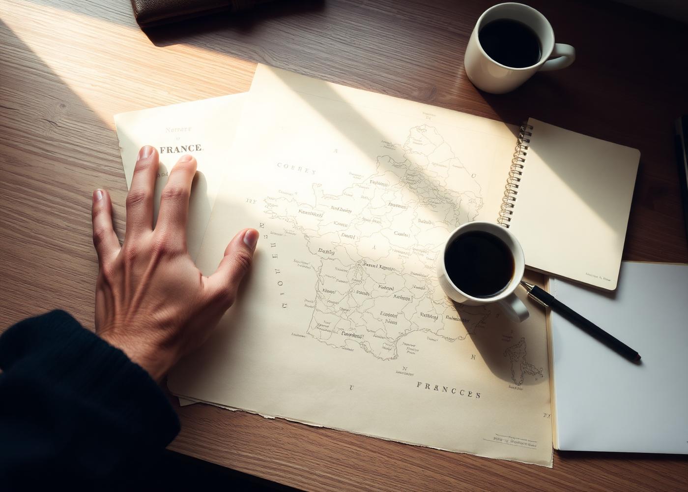 Carte de France dépliée sur un bureau, carnet et crayon